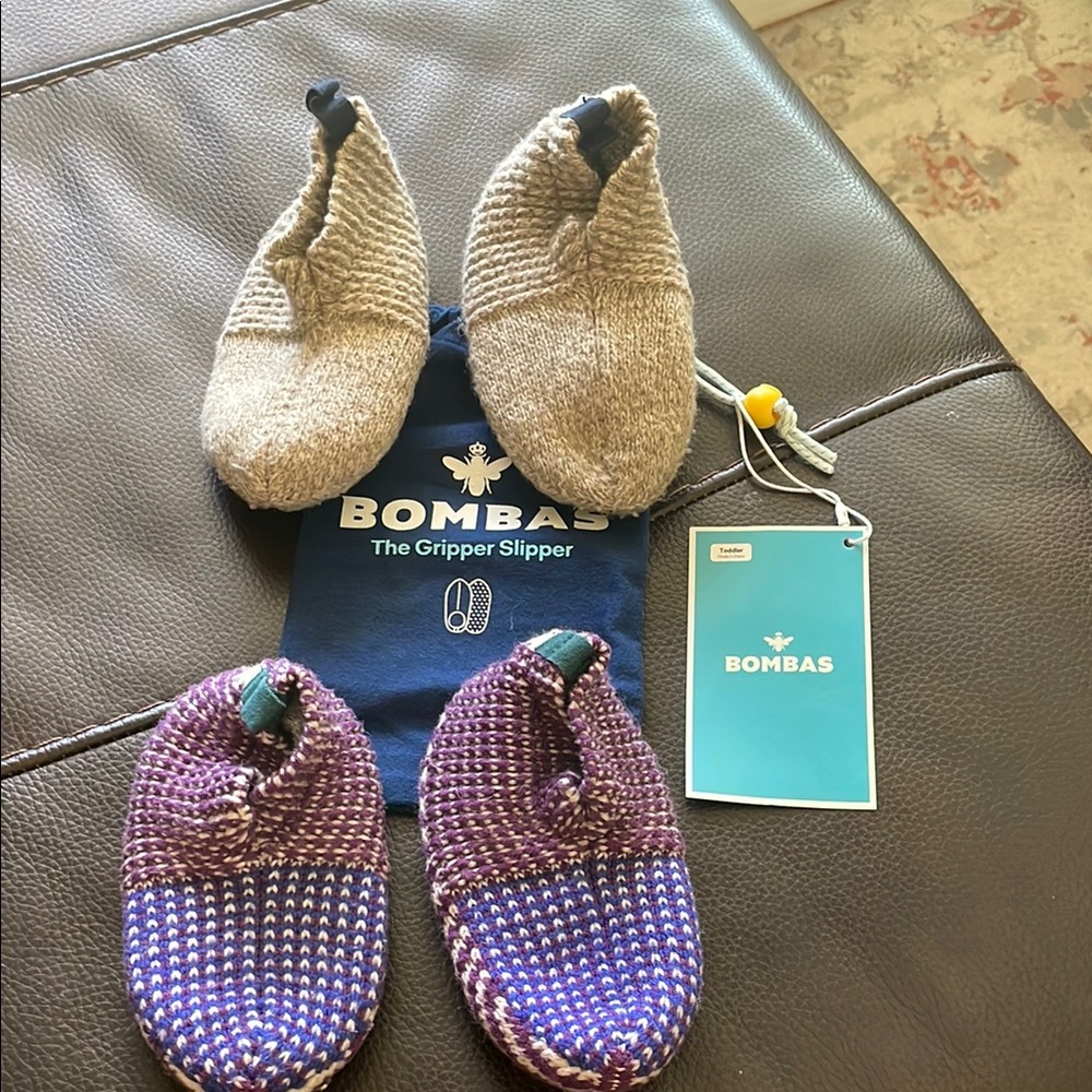 2 Bombas Toddler Gripper Slippers in Purple and Tan